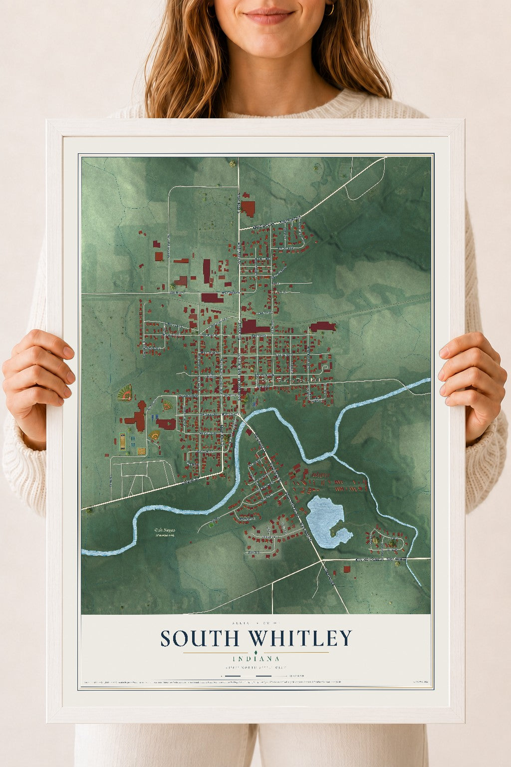 Map of South Whitley, Indiana, 18 x 24 inch print in a white wood frame