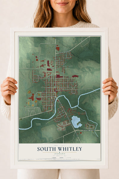 Map of South Whitley, Indiana, 18 x 24 inch print in a white wood frame