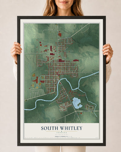Map of South Whitley, Indiana, 24 x 36 inch print in a black wood frame