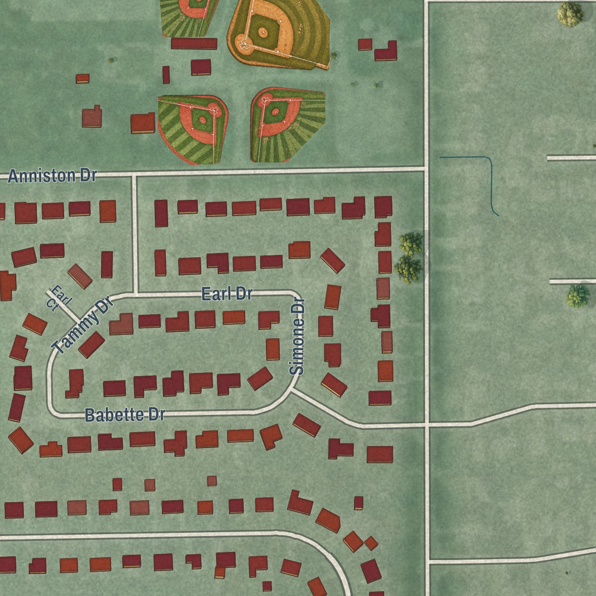 Second close-up of the map of Southport, Indiana print showing more streets and buildings