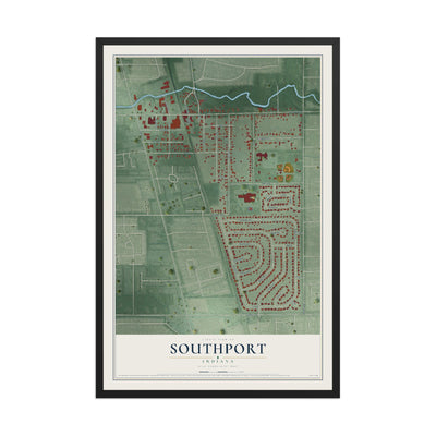 Map of Southport, Indiana, 12 x 18 inch print in a black wood frame