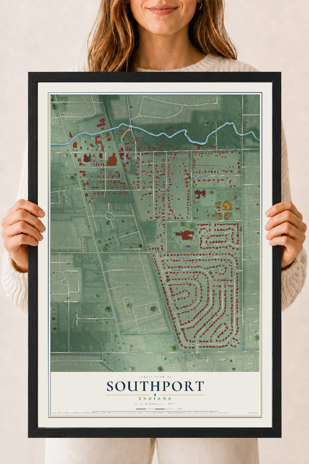 Map of Southport, Indiana, 18 x 24 inch print in a black wood frame