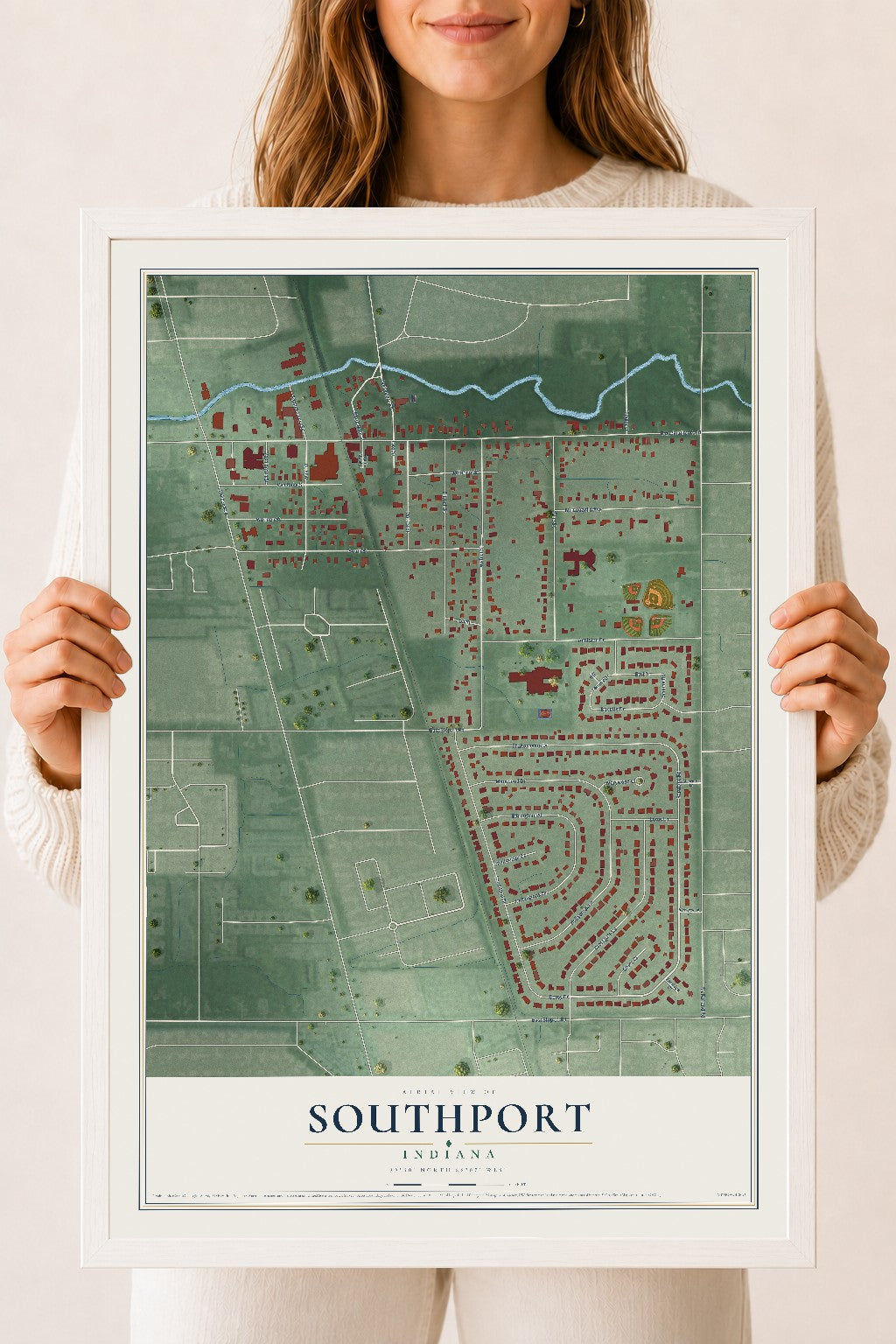 Map of Southport, Indiana, 18 x 24 inch print in a white wood frame