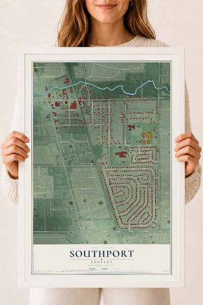 Map of Southport, Indiana, 18 x 24 inch print in a white wood frame