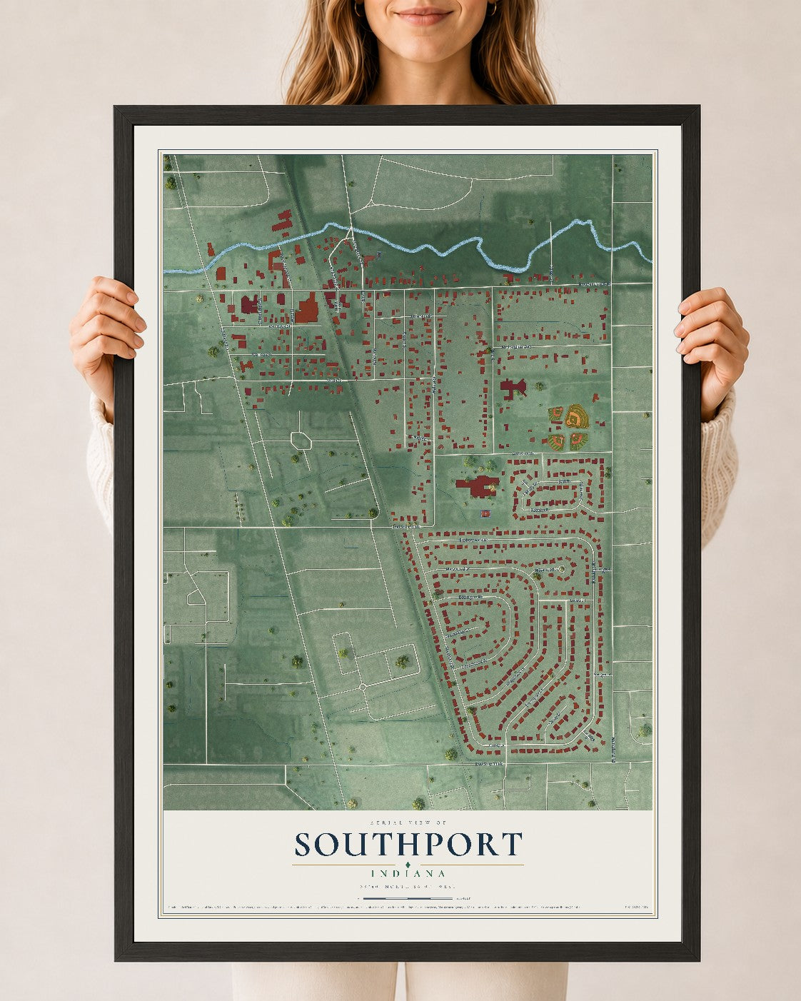 Map of Southport, Indiana, 24 x 36 inch print in a black wood frame
