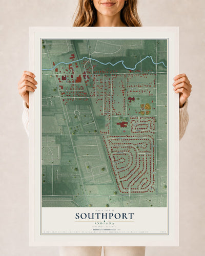 Map of Southport, Indiana, 24 x 36 inch print in a white wood frame