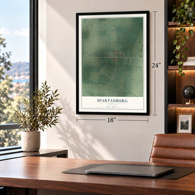 Spartanburg, Indiana map, 18 x 24 inch print in a black frame in a home office