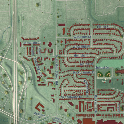 Second close-up of the map of Speedway, Indiana print showing more streets and buildings