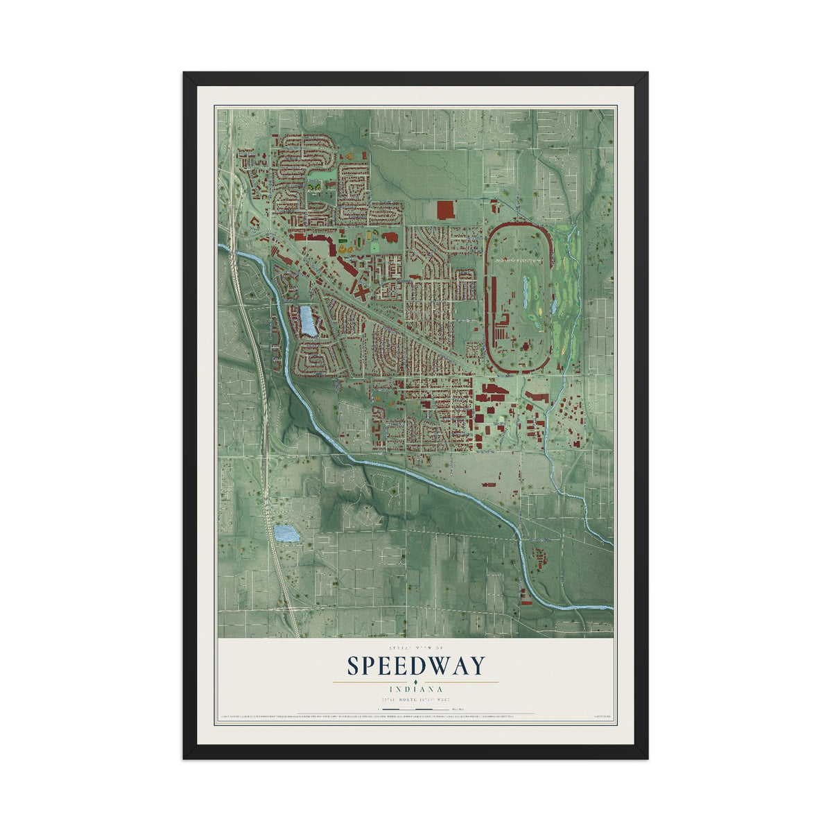 Map of Speedway, Indiana, 12 x 18 inch print in a black wood frame