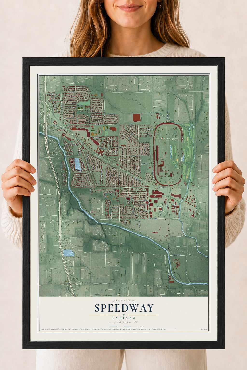 Map of Speedway, Indiana, 18 x 24 inch print in a black wood frame