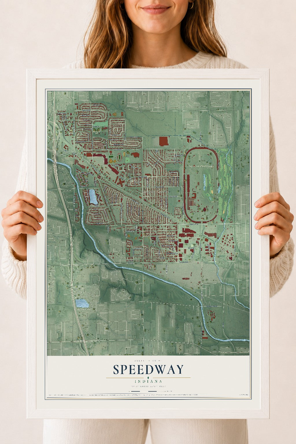 Map of Speedway, Indiana, 18 x 24 inch print in a white wood frame