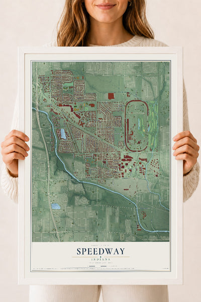 Map of Speedway, Indiana, 18 x 24 inch print in a white wood frame