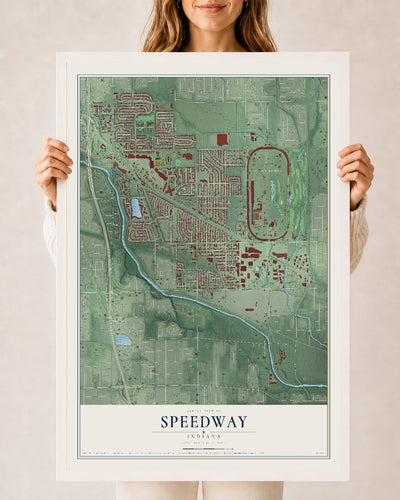 Map of Speedway, Indiana, 24 x 36 inch print in a white wood frame