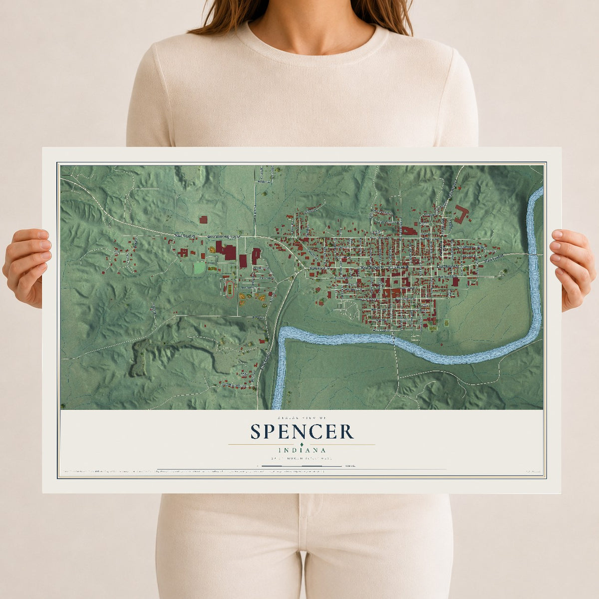 Map of Spencer, Indiana, 12 x 18 inch unframed archival matte print