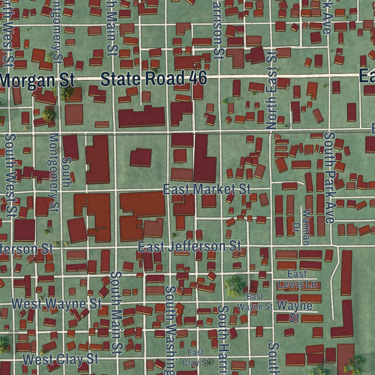 Close-up of the map of Spencer, Indiana print showing street and building detail