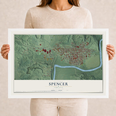 Map of Spencer, Indiana, 12 x 18 inch print in a white wood frame