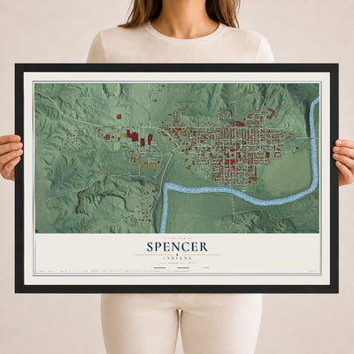 Map of Spencer, Indiana, 18 x 24 inch print in a black wood frame