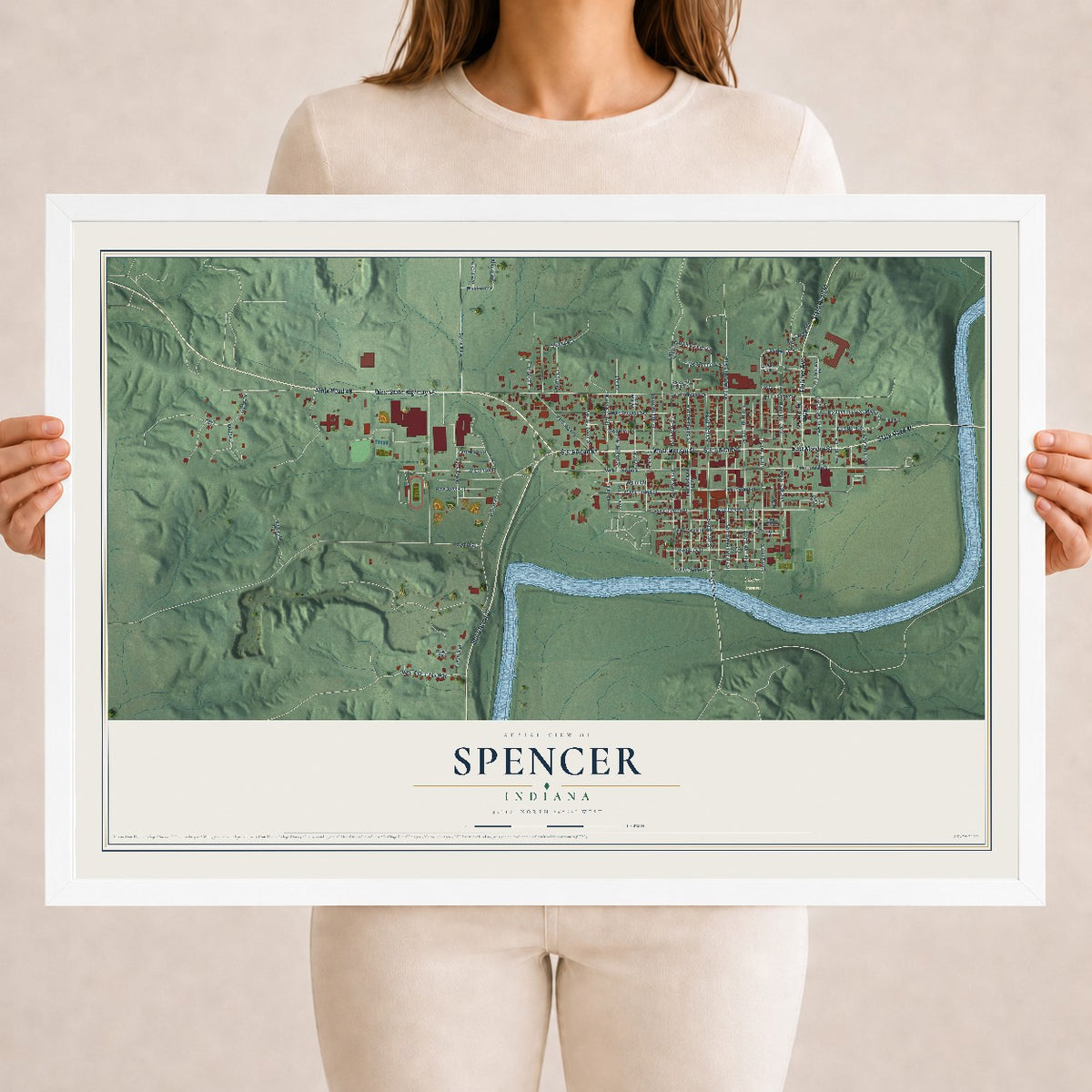 Map of Spencer, Indiana, 18 x 24 inch print in a white wood frame