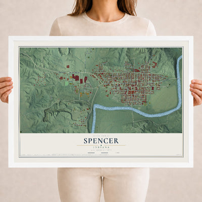 Map of Spencer, Indiana, 18 x 24 inch print in a white wood frame
