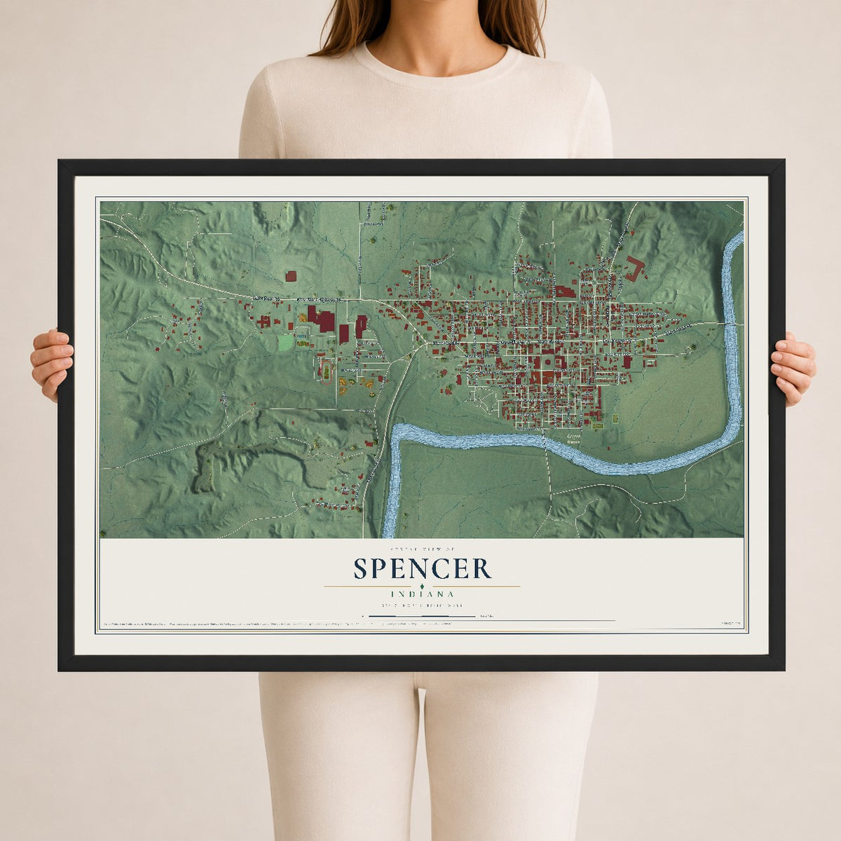 Map of Spencer, Indiana, 24 x 36 inch print in a black wood frame