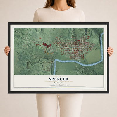 Map of Spencer, Indiana, 24 x 36 inch print in a black wood frame