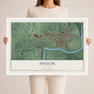Map of Spencer, Indiana, 24 x 36 inch print in a white wood frame