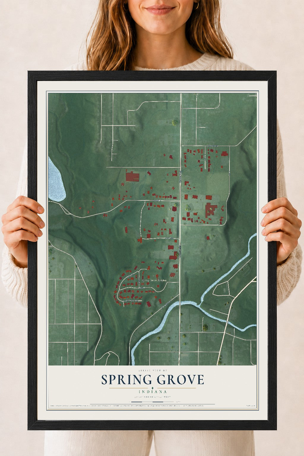 Map of Spring Grove, Indiana, 18 x 24 inch print in a black wood frame
