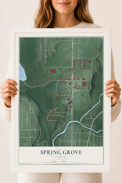 Map of Spring Grove, Indiana, 18 x 24 inch print in a white wood frame