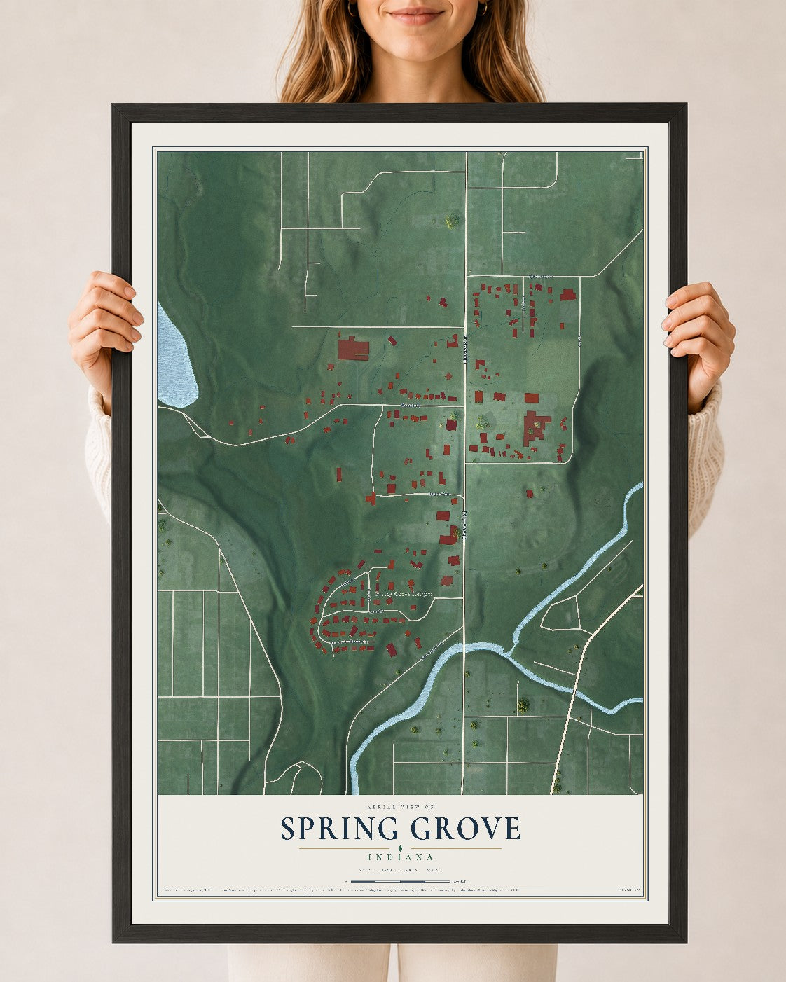 Map of Spring Grove, Indiana, 24 x 36 inch print in a black wood frame