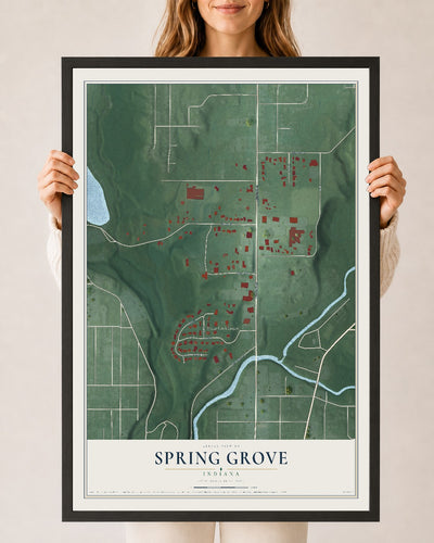 Map of Spring Grove, Indiana, 24 x 36 inch print in a black wood frame