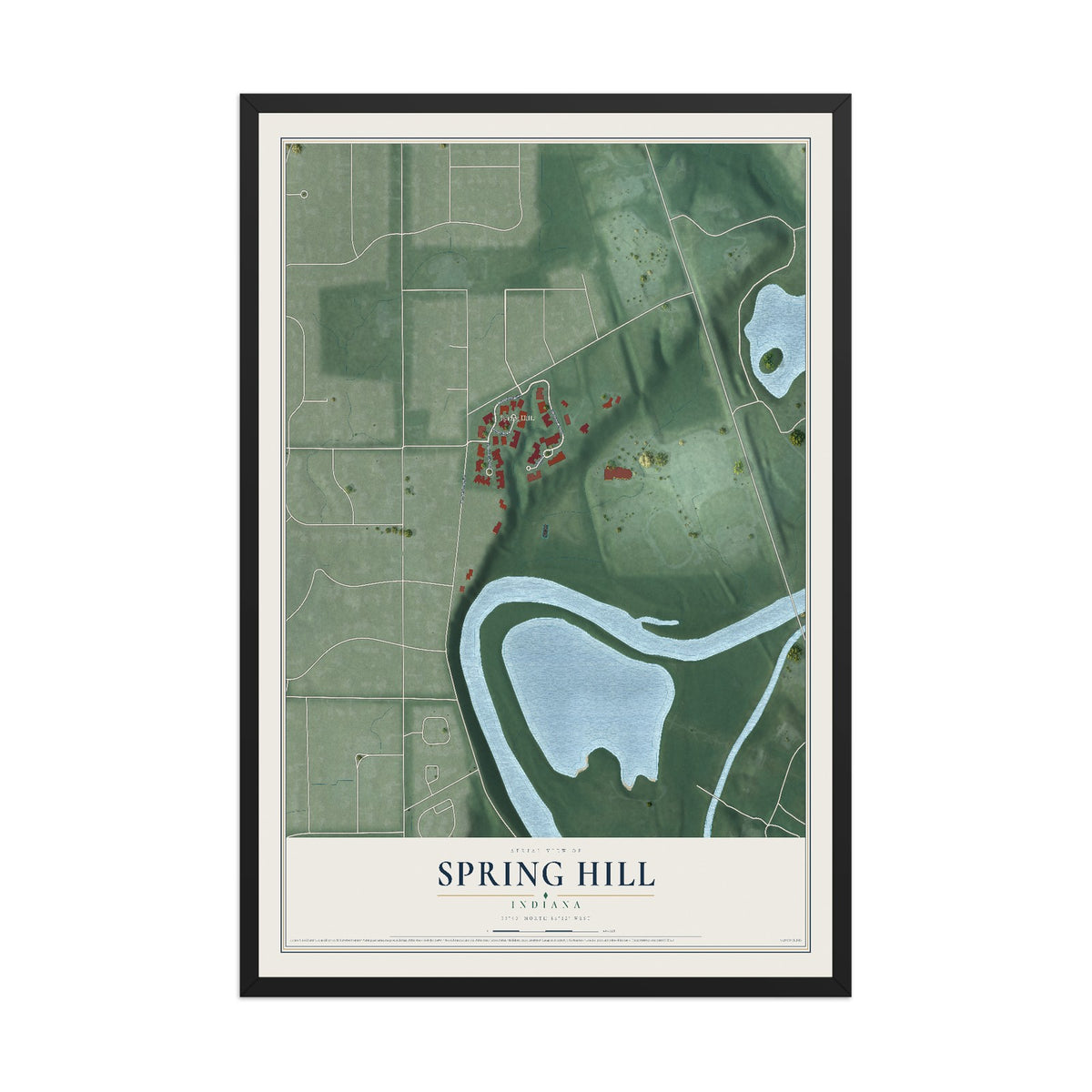 Map of Spring Hill, Indiana, 12 x 18 inch print in a black wood frame