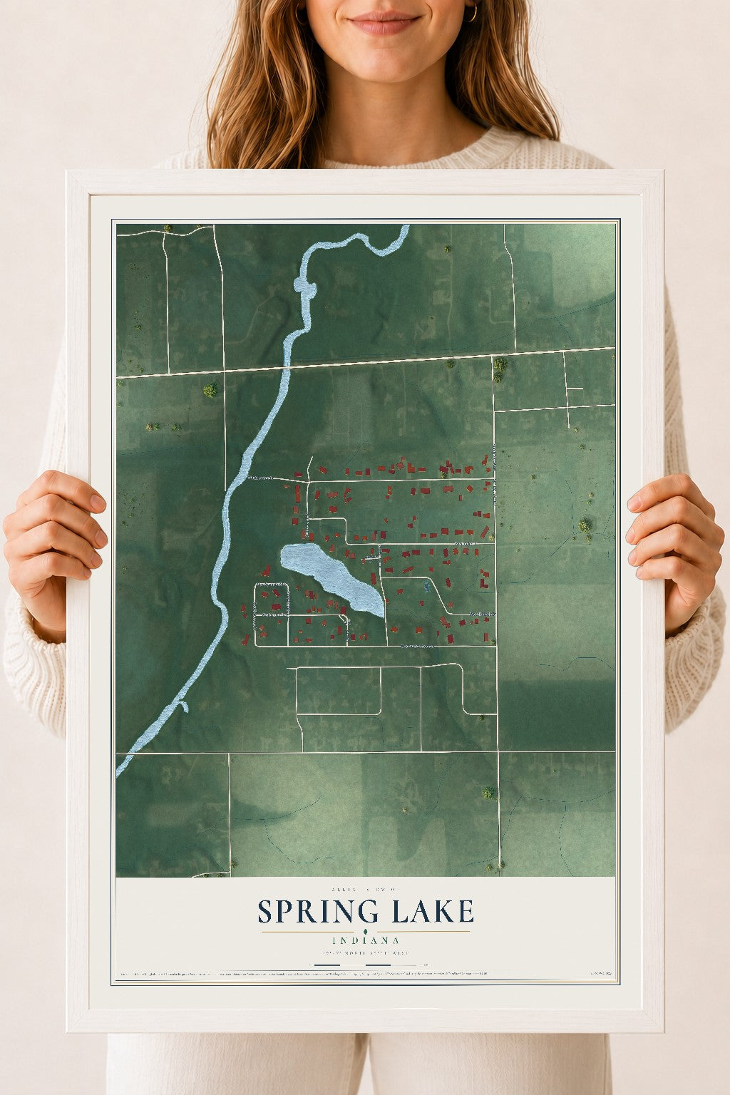 Map of Spring Lake, Indiana, 18 x 24 inch print in a white wood frame