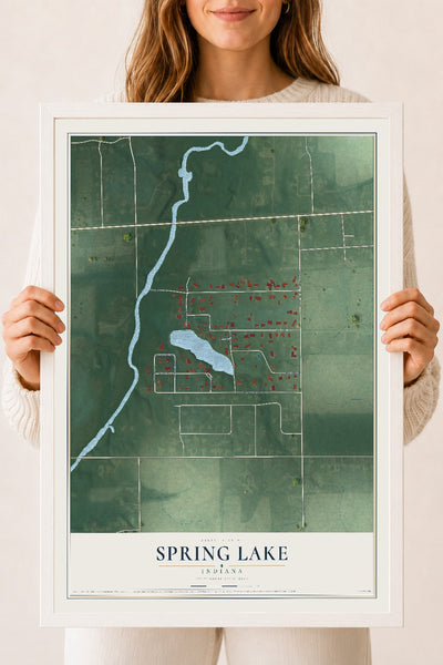 Map of Spring Lake, Indiana, 18 x 24 inch print in a white wood frame