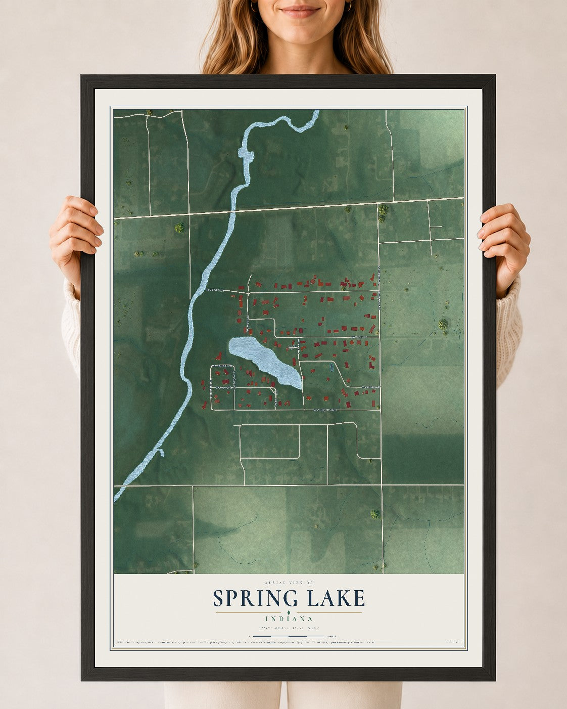 Map of Spring Lake, Indiana, 24 x 36 inch print in a black wood frame