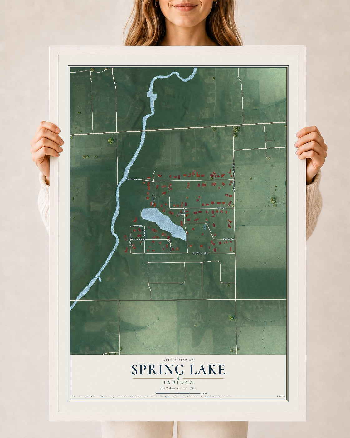 Map of Spring Lake, Indiana, 24 x 36 inch print in a white wood frame