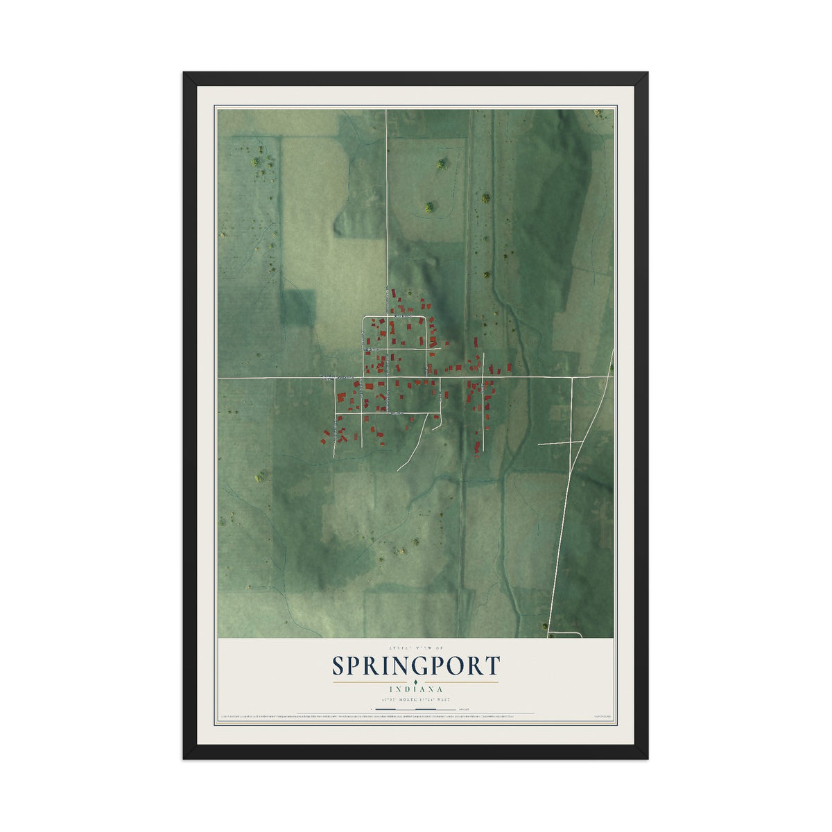 Map of Springport, Indiana, 12 x 18 inch print in a black wood frame