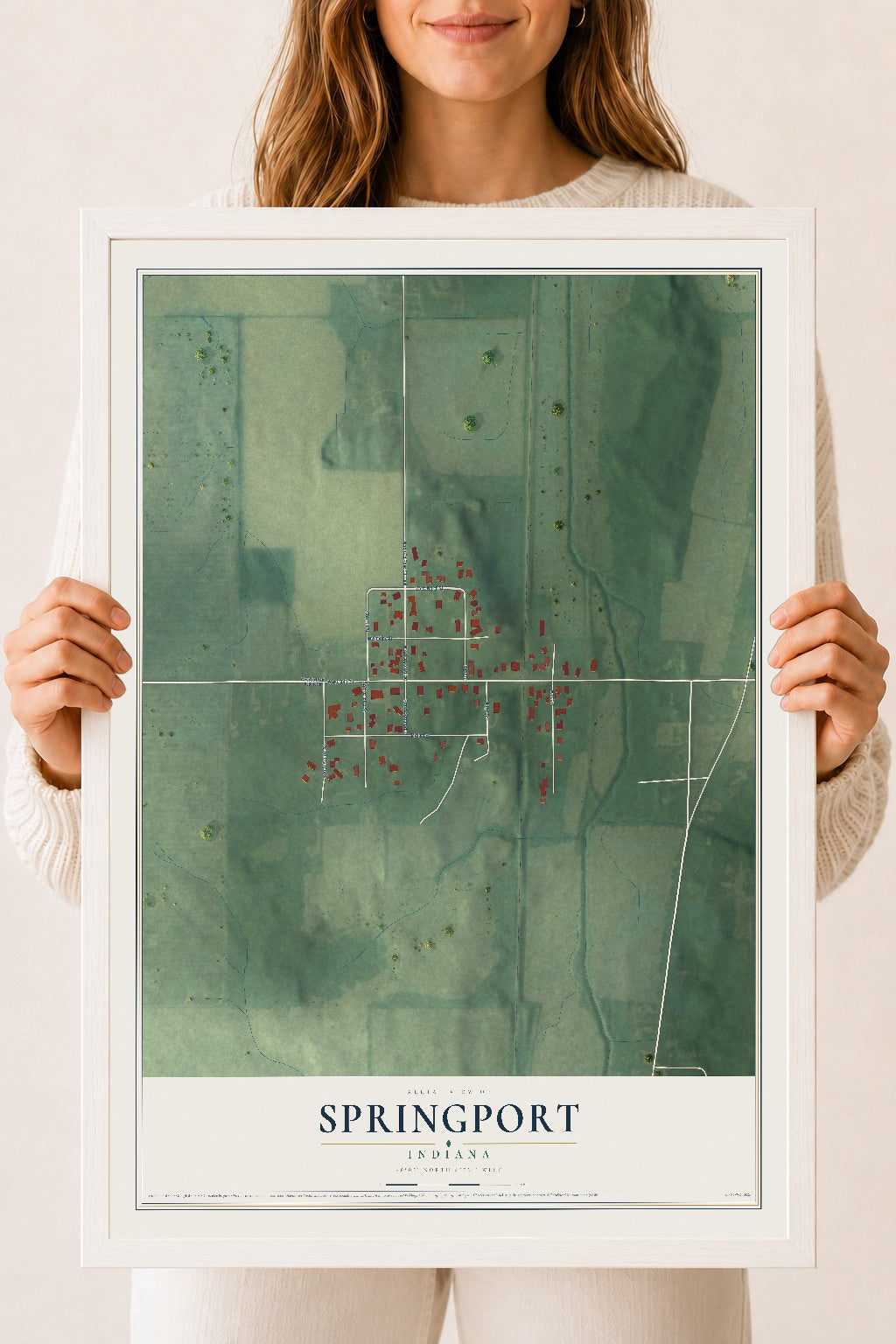 Map of Springport, Indiana, 18 x 24 inch print in a white wood frame