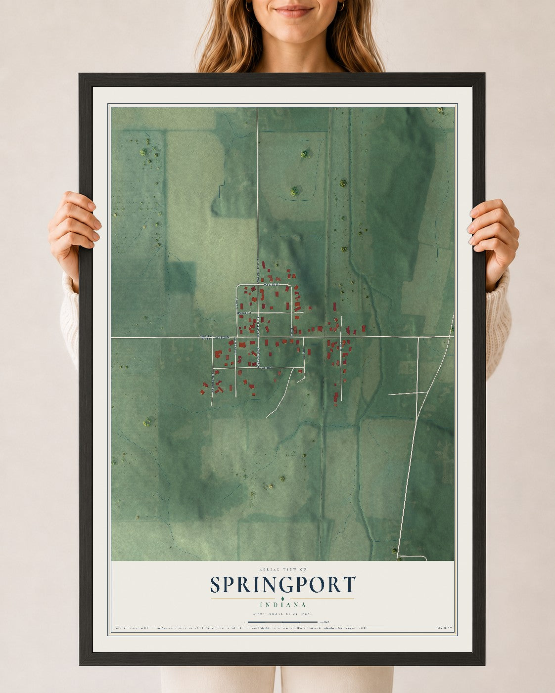 Map of Springport, Indiana, 24 x 36 inch print in a black wood frame