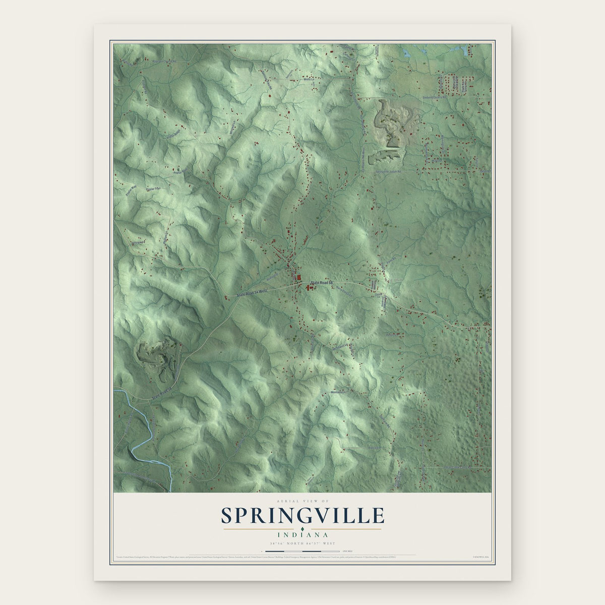 Springville, Indiana map print, the full design