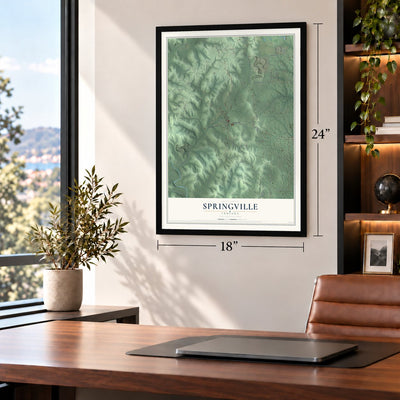 Springville, Indiana map, 18 x 24 inch print in a black frame in a home office