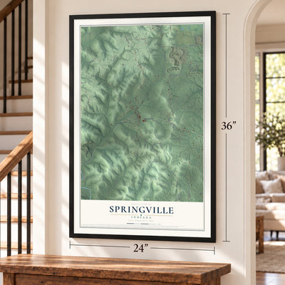 Springville, Indiana map, 24 x 36 inch print in a black frame by a staircase