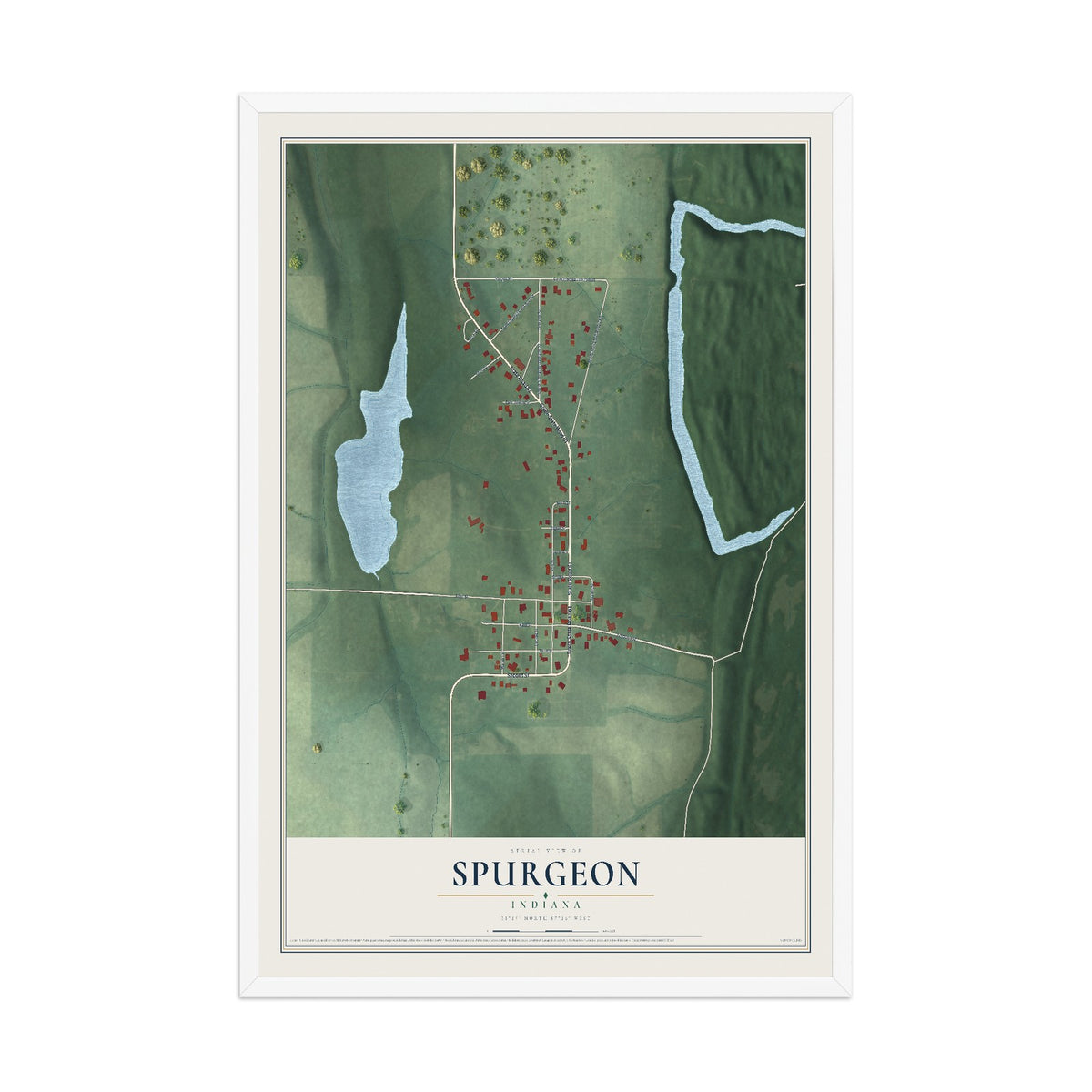 Map of Spurgeon, Indiana, 12 x 18 inch print in a white wood frame