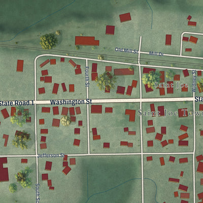 Close-up of the map of St. Joe, Indiana print showing street and building detail