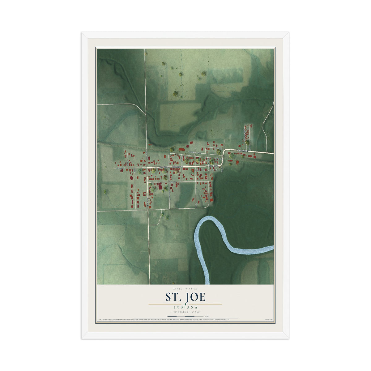 Map of St. Joe, Indiana, 12 x 18 inch print in a white wood frame