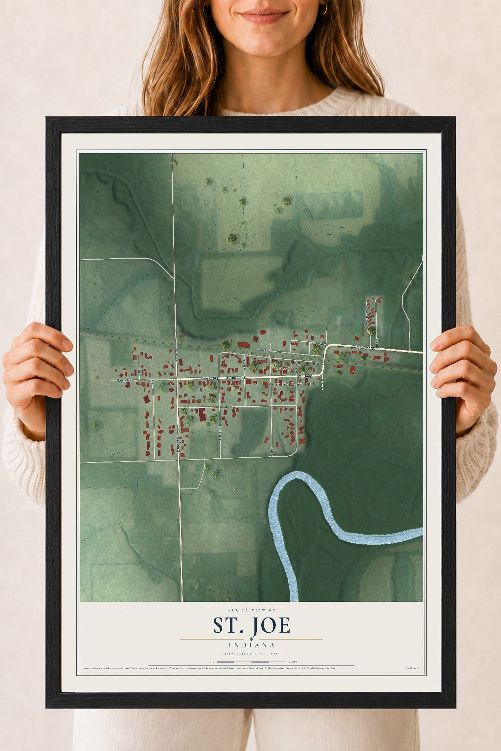 Map of St. Joe, Indiana, 18 x 24 inch print in a black wood frame