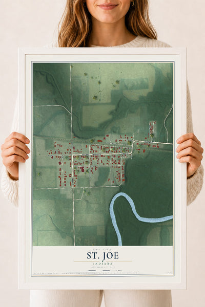 Map of St. Joe, Indiana, 18 x 24 inch print in a white wood frame