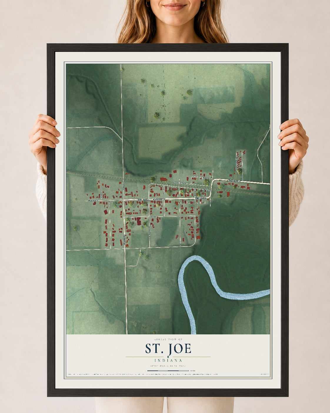 Map of St. Joe, Indiana, 24 x 36 inch print in a black wood frame