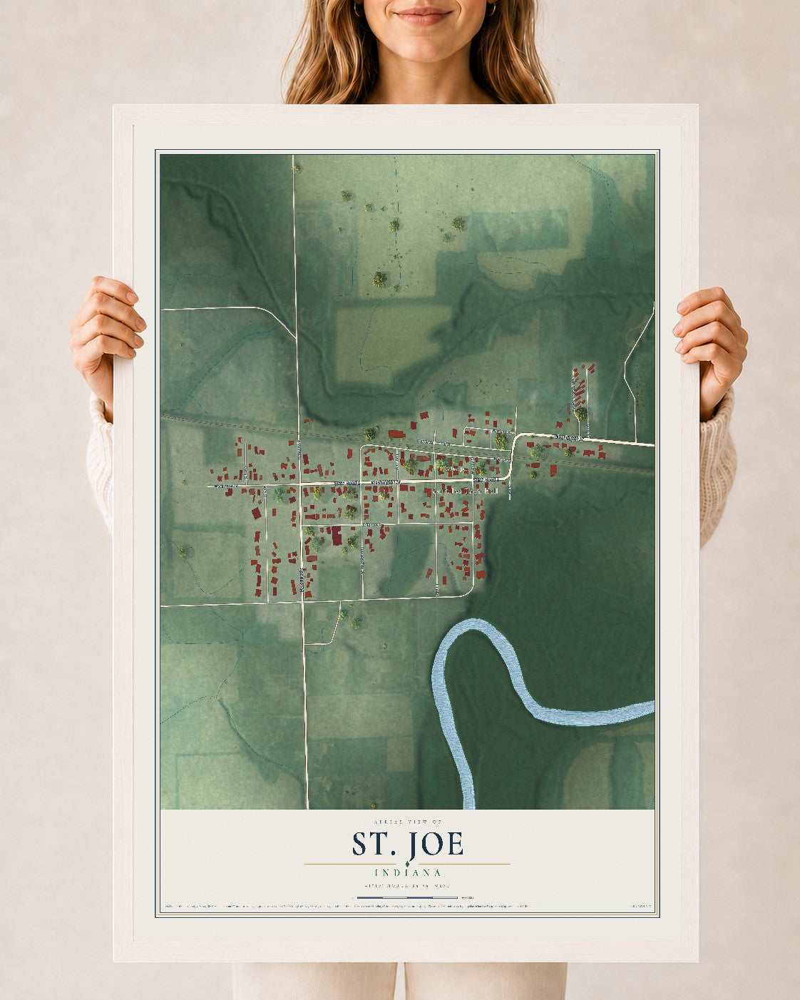 Map of St. Joe, Indiana, 24 x 36 inch print in a white wood frame