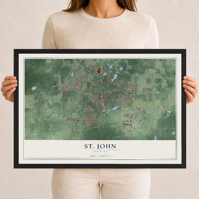 Map of St. John, Indiana, 12 x 18 inch print in a black wood frame