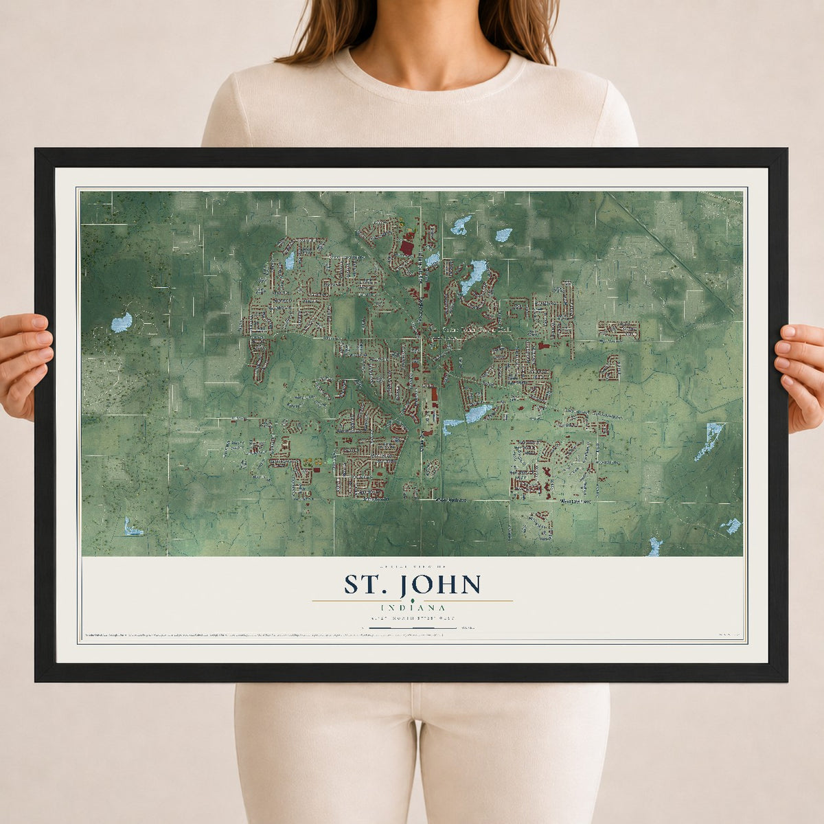 Map of St. John, Indiana, 18 x 24 inch print in a black wood frame